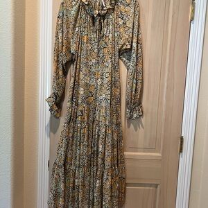 Free People Gold Black  Maxi Dress with Bishop Sleeves